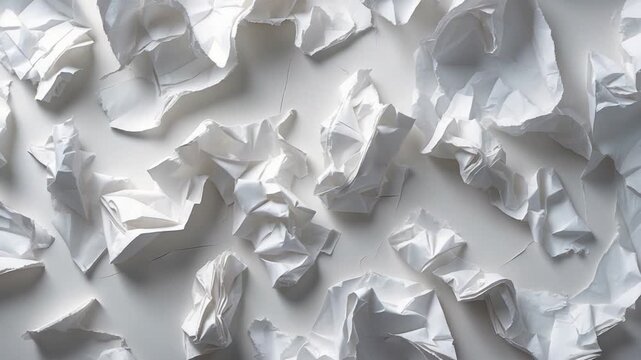 Top-down view of crumpled white paper scattered on a clean surface showcasing various shapes and textures with clear contrasts in lighting and shadows throughout the scene - Powered by Adobe