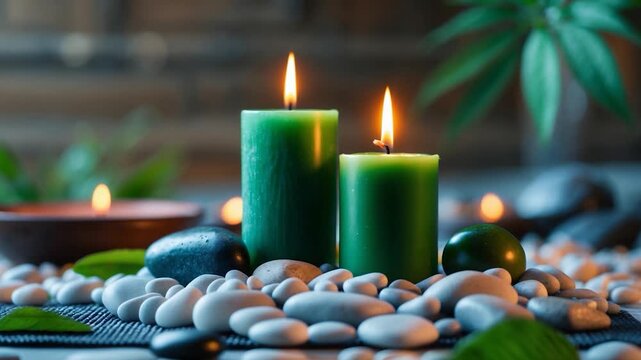 Close-up of two green candles flickering amidst smooth pebbles surrounded by small black stones and green leaves set on a textured mat in a softly lit indoor space