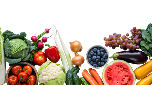 Abundant assortment of fresh ripe vegetables and fruits arranged together isolated on transparent background
