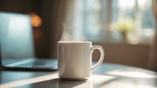 Close-up of a steaming white ceramic coffee mug on a wooden table next to a laptop warm soft lighting illuminating the scene through a window in a cozy indoor setting