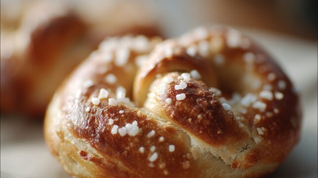 Close-up of a freshly baked pretzel. the pretzel is golden brown in color and has a soft, fluffy texture. it is topped with a generous amount of white sesame seeds, giving it a crunchy appearance.
