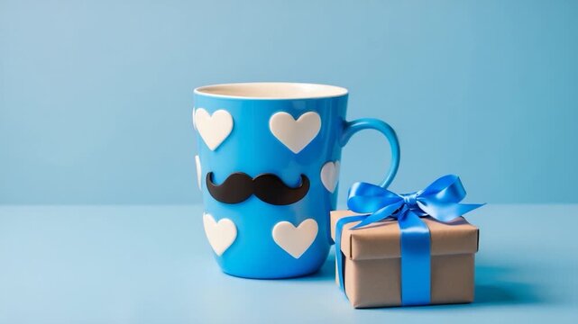 Close-up of a whimsical blue mug with heart designs and a mustache paired with a small gift box tied with a blue ribbon set against a soft blue background with natural lighting