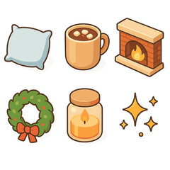 Cozy Holiday Icons. Comfort and Joy flat icon set : soft pillow, hot cocoa, fireplace glow, festive wreath, candle jar, gentle sparkle