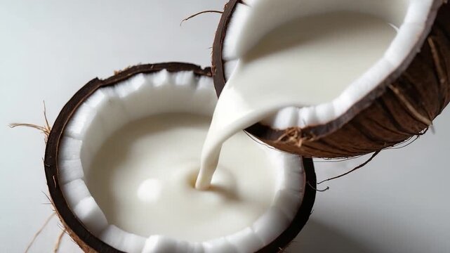 Close-up of coconut half pouring creamy white coconut milk into another coconut shell minimalistic setting with smooth surfaces and soft natural light highlighting the rich textures