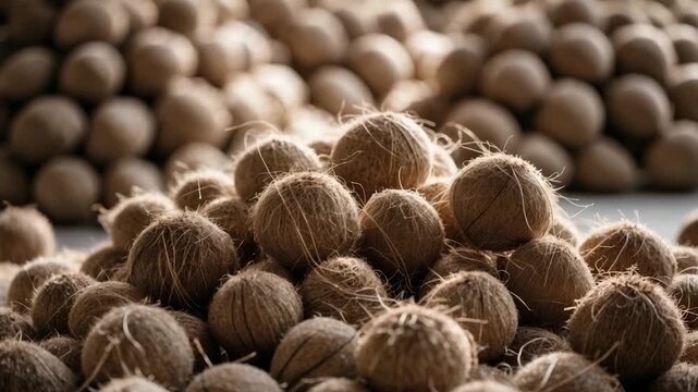 Close-up of natural brown coconut fiber balls stacked in various layers illuminated by soft natural light showcasing texture and arrangement against a blurred background of more similar objects