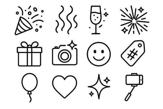 Festive Icon Celebration. Online Festivities linear icon set: confetti, streamers, champagne glass, fireworks, gift box, camera flash, emoji face, hashtag tag, balloon, heart