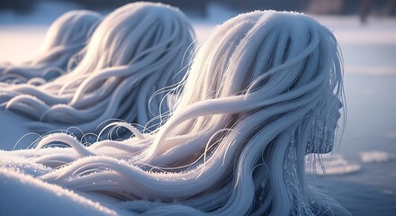 Closeup of long, wavy hair covered in frost and ice crystals, suggesting a cold winter scene or mythical frozen figure