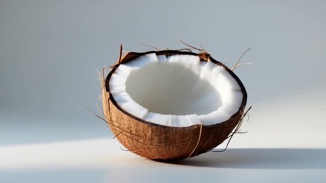 Detailed close-up view of a freshly cut coconut shell showcasing its smooth white interior and rough brown outer texture against a soft neutral background with gentle lighting