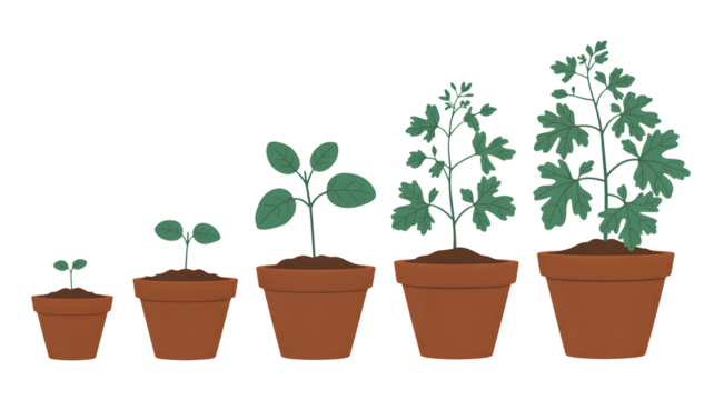 Illustration of five potted plants showing different stages of growth from seedling to mature plant isolated on transparent background