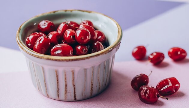 Buni berries in a small ceramic bowl, lit by soft natural light on a pastel background, highlighting fresh fruit and vibrant color.