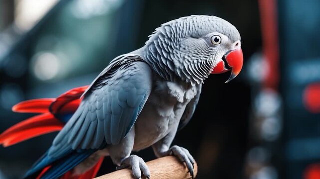 Detailed close-up of a vibrant gray parrot with striking red tail feathers perched on a wooden stick against a blurred background showcasing intricate feather textures and natural colors in soft light