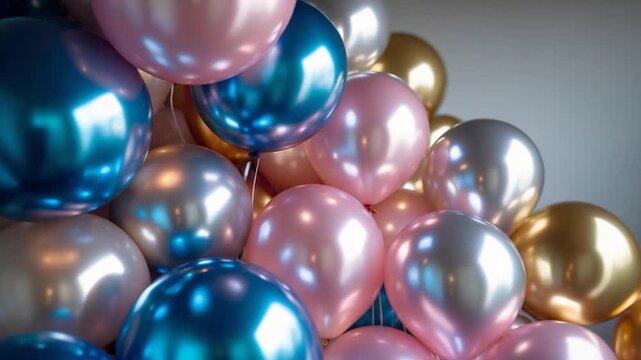 Colorful arrangement of glossy balloons in shades of pink blue gold and silver filling the frame with reflections and highlights in a softly lit indoor setting