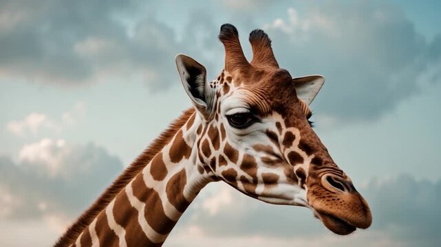 Close-up of a graceful giraffe with striking patterns gazing inquisitively into the camera against a soft blue sky with fluffy clouds showcasing the natural beauty of wildlife in its habitat