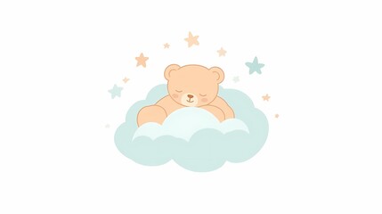Naklejka premium Adorable teddy bear peacefully sleeps upon a fluffy blue cloud surrounded by small stars