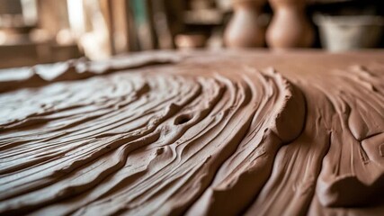 Close-up of textured clay surface in pottery workshop displaying intricate patterns while sunlight casts soft shadows on warm brown earthen material.