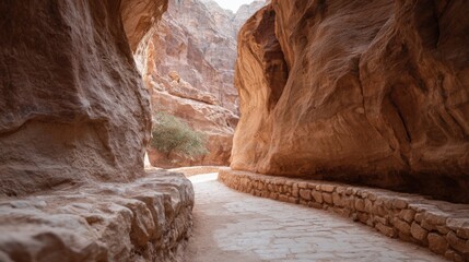 Narrow canyon with a stone pathway winding through it. the canyon walls are made of large, reddish-brown rocks and are jagged and uneven.