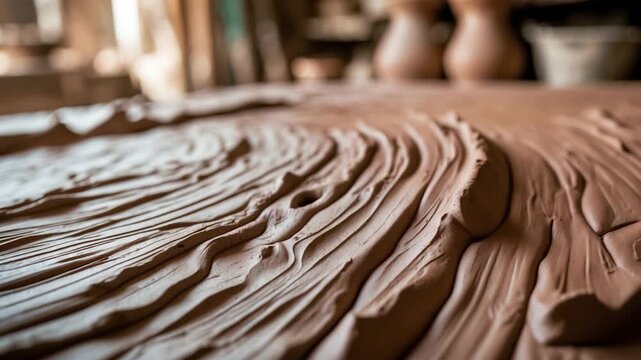 Close-up of textured clay surface in pottery workshop displaying intricate patterns while sunlight casts soft shadows on warm brown earthen material.