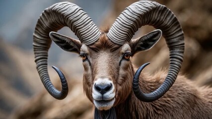 Close-up of a majestic brown ram with large curled horns gazing confidently at the camera against a blurred mountain backdrop with soft natural light enhancing its textured fur and strong features