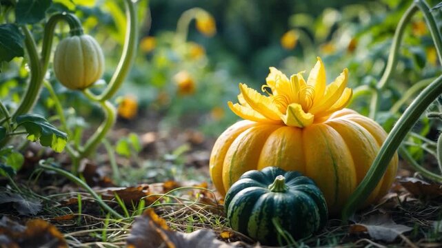 Close-up of vibrant yellow pumpkin with flower and dark green pumpkin in sunlit pumpkin patch surrounded by green vines and scattered leaves showcasing autumn harvest in soft natural light