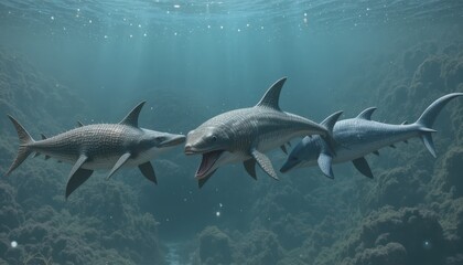 Fototapeta premium A group of prehistoric ichthyosaurs swimming in the ocean depths rendered with detail creating an