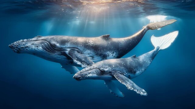 Humpback whale mother swimming with her calf underwater, tender and emotional marine life animation in blue ocean
