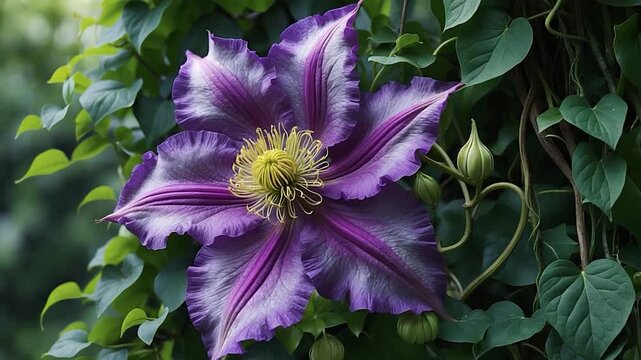 Close-up of a vibrant purple clematis flower blooming among lush green vines showcasing intricate textures rich colors and soft natural light in a a serene outdoor garden setting