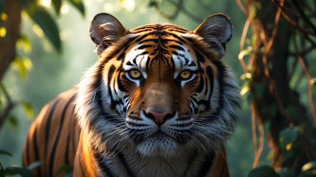 Close-up of majestic tiger gazing intensely with striking golden eyes in lush green forest surrounding illuminated by soft natural light showcasing vibrant orange and black fur patterns