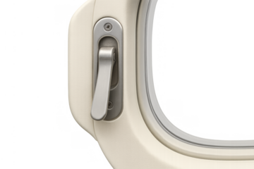 Airplane window with lever handle and latch locking mechanism for secure cabin during flight, transparent background
