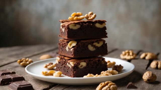 Close-up of three decadent square chocolate brownies stacked on a white plate surrounded by walnuts and chocolate pieces on a rustic wooden table under soft natural lighting