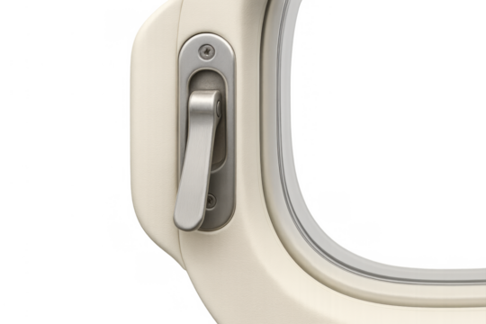 Airplane window with lever handle and latch locking mechanism for secure cabin during flight, transparent background