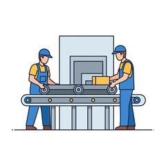 Two workers operating a conveyor belt system in a factory, processing packages.