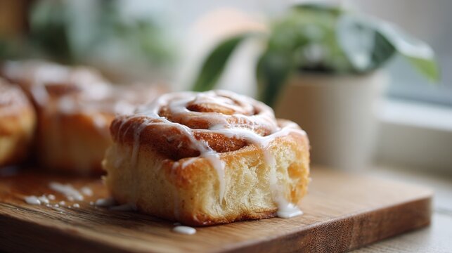 Freshly baked cinnamon roll on a wooden cutting board. the cinnamon roll is golden brown and has a swirl pattern on top.