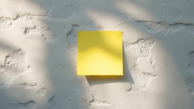 Bright yellow sticky note positioned on a textured white wall with soft shadows featuring minimalistic design highlighting simplicity and focus in a clean well-lit indoor space