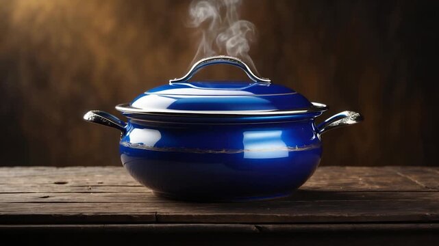 Close-up of a steaming blue ceramic pot on a rustic wooden table highlighting a cooking process in an inviting kitchen setting with warm lighting and a textured background