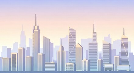 Fototapeta premium Abstract City Skyline Vector Art with Pastel Gradient Sky and Modern Skyscraper Silhouettes.