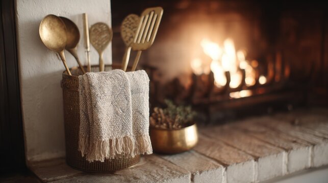 Kitchen countertop with a fireplace in the background. on the countertop, there is a metal basket filled with kitchen utensils, including a spoon, a spatula, and a ladle.