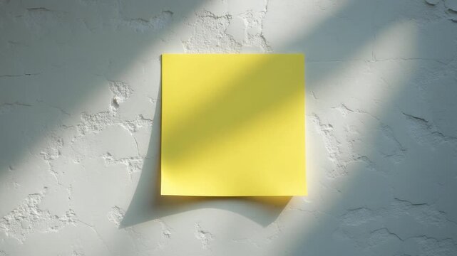 Bright yellow sticky note on textured white wall illuminated by soft natural light showcasing shadows and subtle variations in color and texture creating an uncluttered minimalist aesthetic