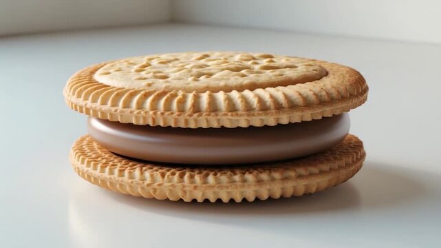 Close-up of a creamy chocolate-filled cookie sandwich on a smooth light surface showcasing detailed texture variations and soft natural lighting in a minimalist setting
