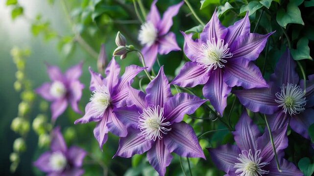 Vibrant purple clematis flowers blooming amidst lush green foliage with soft natural light highlighting their intricate textures and delicate details in a serene outdoor garden setting