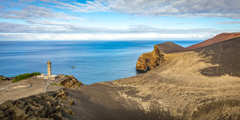 Panorama of Farol da Ponta dos Capelinhos with lava field, Faial, Azores