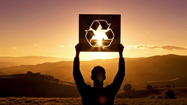 Silhouette of a person holding a recycling symbol at sunset in nature