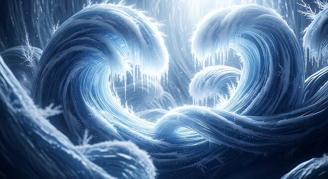 Two glowing, icy blue waves cresting dramatically in a frozen, dark, and mysterious winter ocean scene with icicles