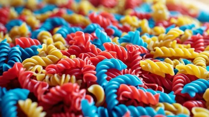 Close-up of colorful twisted fusilli pasta in vibrant red blue and yellow hues showcasing a dynamic spread against a softly lit blurred background highlighting texture and variety