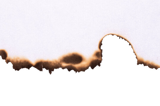 White paper with burnt edge detail and dark scorch marks, isolated on white background with clipping path.