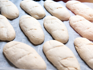 Baked goods, homemade bread dough before baking.