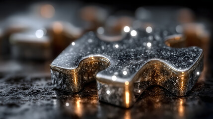 Ultra-detailed macro of polished metallic puzzle piece with sparkling reflections, glossy chrome texture, dramatic lighting, shimmering highlights and elegant abstract close-up composition
