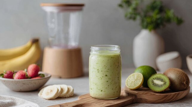 Glass jar filled with a green smoothie on a wooden cutting board. the smoothie appears to be made with kiwi, lime, and other fruits. - Powered by Adobe