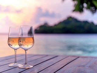 Two glasses of champagne are placed on a wooden table, with a blurred tropical island and a vibrant sunset in the background.