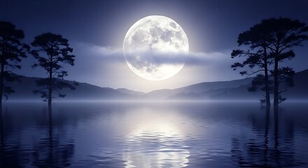 Dramatic full moon over tranquil waters with silhouette trees