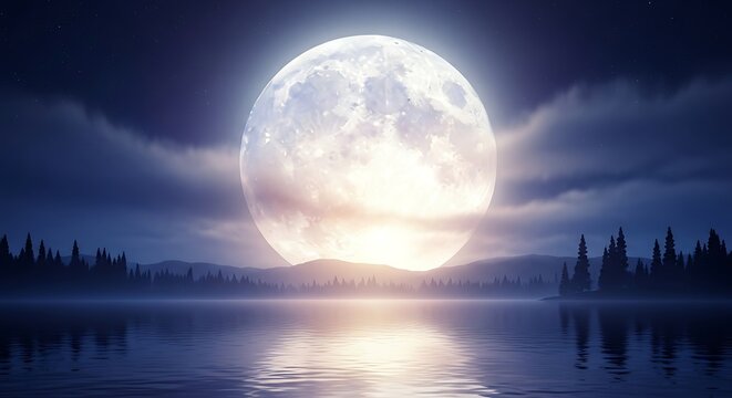 Dramatic full moon over tranquil lake with misty reflections at night